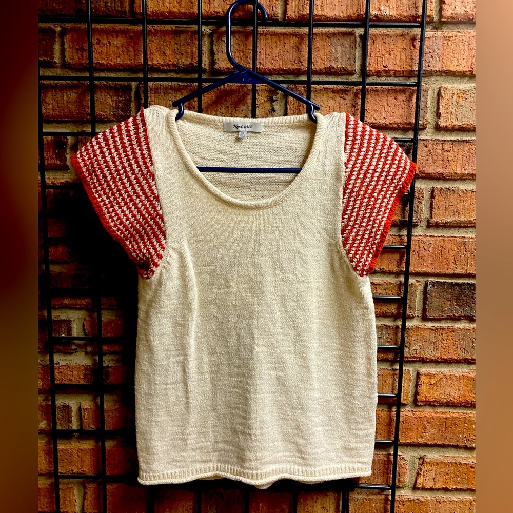 Cute white and red cropped sleeve Madewell blouse
